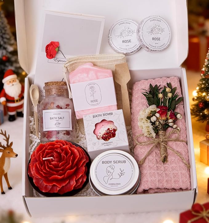 Coralogo Rose Spa Gifts for Women - 15pc Self-care Spa Gift Basket with Scented Candle, Bath Salt, Greeting Card - Thinking of You Basket for Her Birthday, Christmas, Mother's Day, Valentine's Day