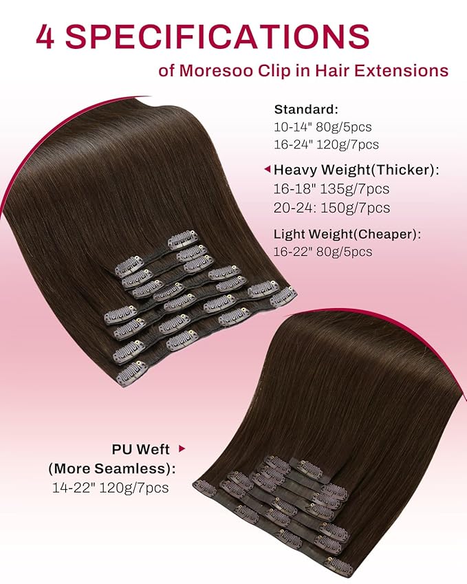 Moresoo Clip in Hair Extensions Remy Double Weft Human Hair Clip in Extensions Straight Hair Extensions for Women Medium Brown #4 7pcs 135g 16inch
