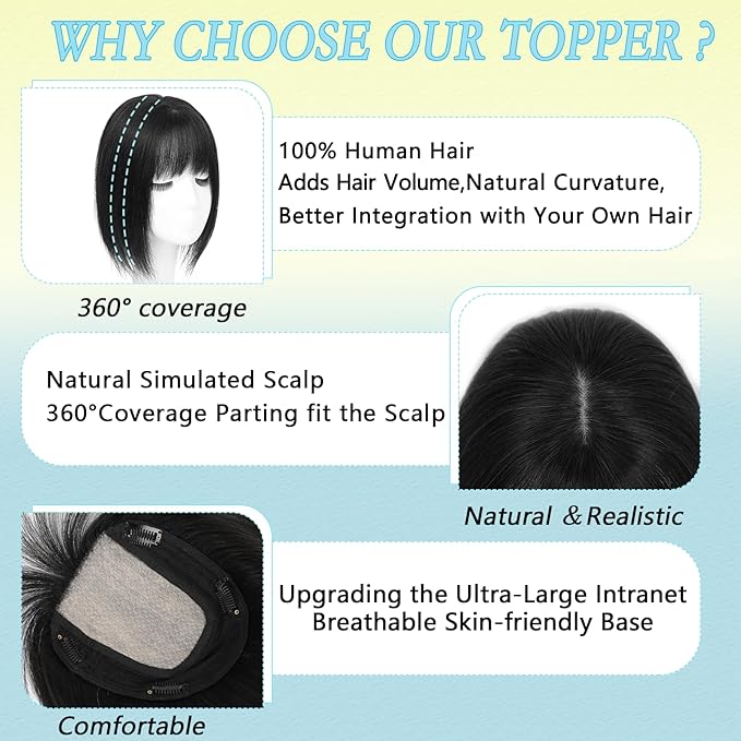 Hair Toppers for Women Real Human Hair, 360° 3D Toppers Pieces for Women with Thinning Crown Wispy Bangs 12 Inch Upgrade Big Basement Black, 12 Inch Wispy Bangs
