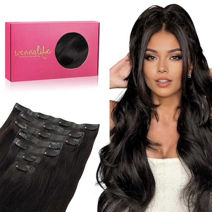 WENNALIFE Seamless Clip In Hair Extensions, 16 Inch 130g 7pcs Natural Black Hair Extensions Clip in Human Hair Invisible PU Skin Weft Natural Remy Human Hair Extensions