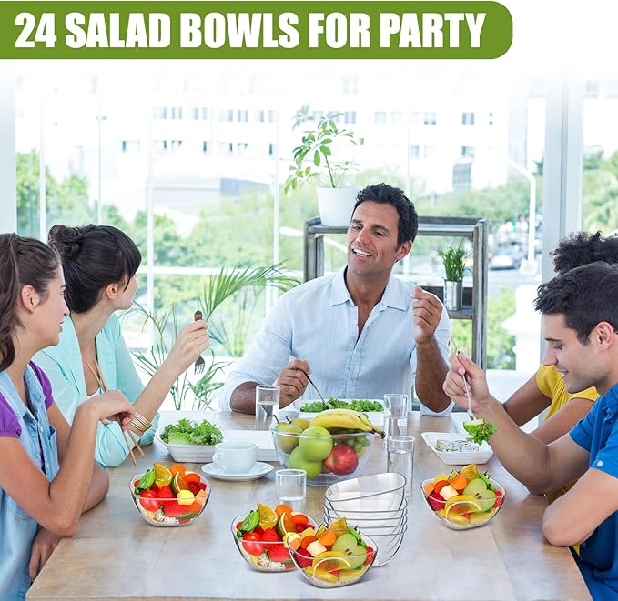 Lallisa 24 Pcs Clear Acrylic Serving Bowls Plastic 16 oz Square Party Snack or Salad Bowl Disposable Plastic Party Bowls for Weddings Baby Shower Buffet Party Snack Chips Candy or Salad