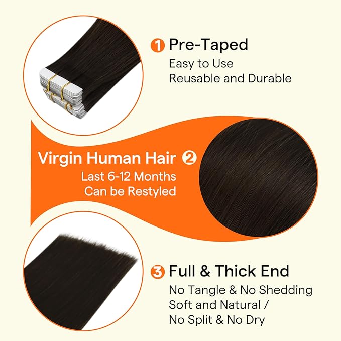 Full Shine Tape in Hair Extensions Human Hair Color Dark Brown Seamless Invisible Tape in Human Hair Extensions 22 Inch 10Pcs 25Grams Add Length Unprocessed Virgin Hair for Postpartum Women