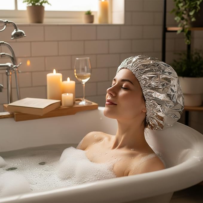 12 Pcs Aluminum Foil Deep Conditioning Hair Cap, Reusable Processing Heat Caps for Hair Elastic Silver Shower Caps for Home And Salon Use