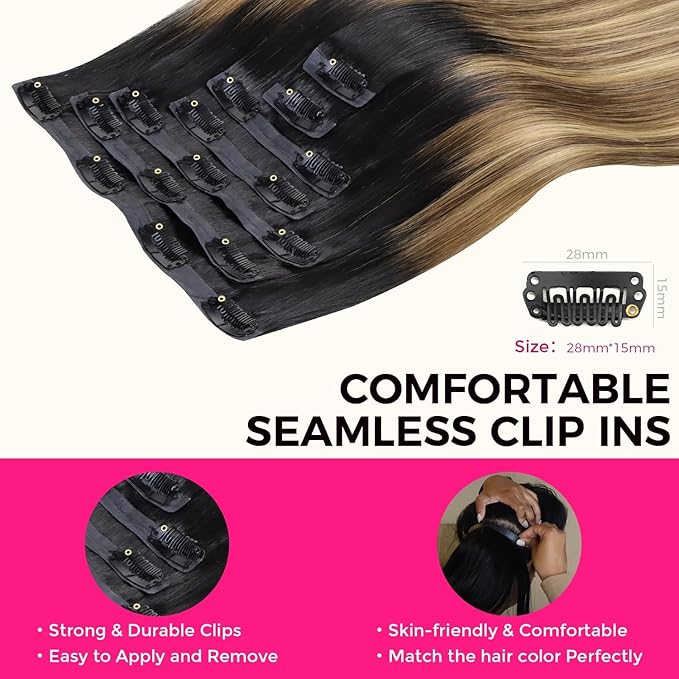 Lashey Seamless Clip in Hair Extensions 22 Inch Balayage Ash Brown to Honey Blonde with Dark Roots Long Straight Hair Extensions 110g 7pcs PU Clip in Real Human Hair for Black Women