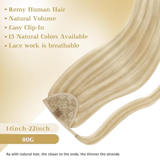 Ve Sunny Hair Extensions Ponytail Real Human Hair 80G Wrap Around Clip in Ponytail Hair Extensions Straight Extensions Human Hair for Women Strawberry Honey Blonde Highlights Bleach Blonde 14inch