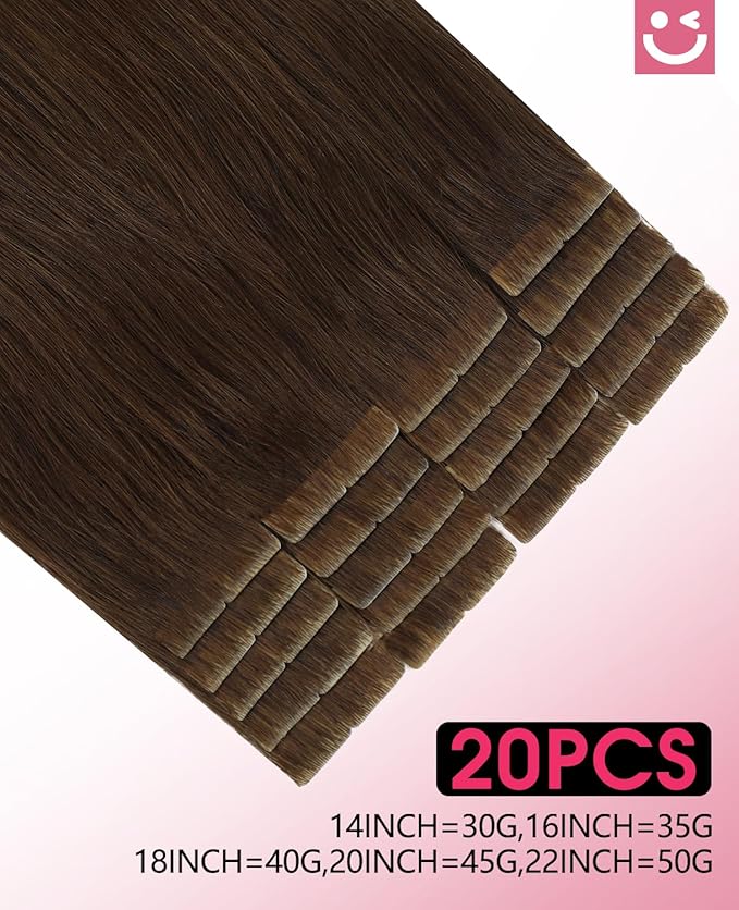 Youngsmile Insert Tape in Hair Extensions Injection Human Hair Extensions #4 Chocolate Brown Invisi Edge Tape ins Remy Human Hair 14 Inch Injected Hair Tape in Extensions 20pcs 30g Straight (#4,14'')