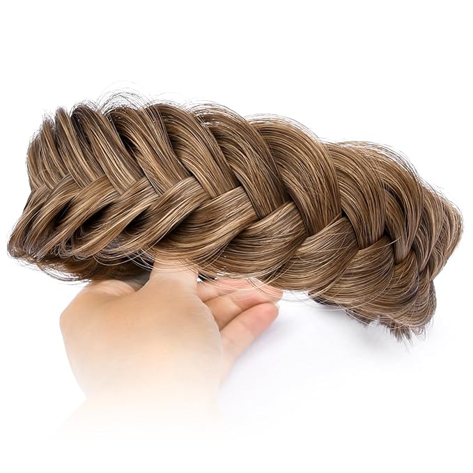 DIGUAN Wide Messy Braided Headband With Teeth Synthetic Hair Plaited Headband High Elasticity Braids Chunky Fishtail Braided Hair Band Hairpiece for Girls Women Beauty Accessory (Claybank)