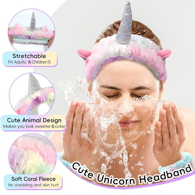 Face Wash Headband Set With Wrist Bands and Hair Scrunchie - Cute Rainbow Elastic Spa Hair Bands for Washing Face, Makeup, Skincare