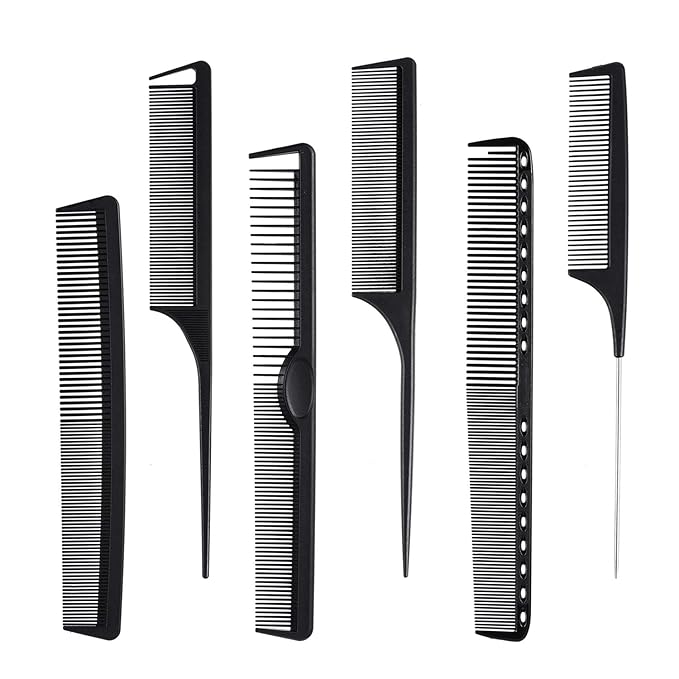 6 Pieces Carbon Fiber Hair Combs Set, General Styling Grooming Combs, Anti Static Heat Resistant Hairdressing Comb, Fine and Wide Tooth Hair Barber Rat Tail Comb