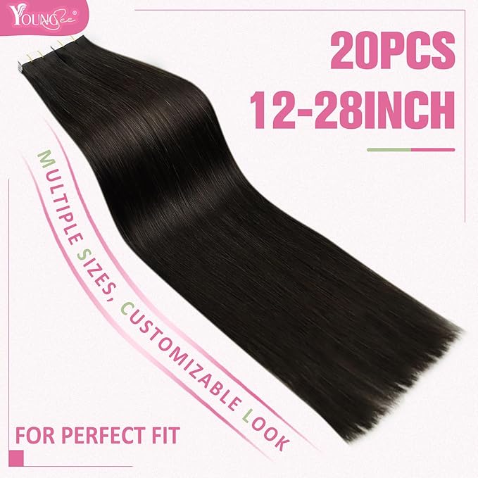 YoungSee 26 Inch Human Hair Tape in Extensions Brown Tape in Hair Extensions Human Hair Dark Brown 20pcs 50g Invisible Tapes Remy Hair Extension Long Straight Hair for Women Add Length