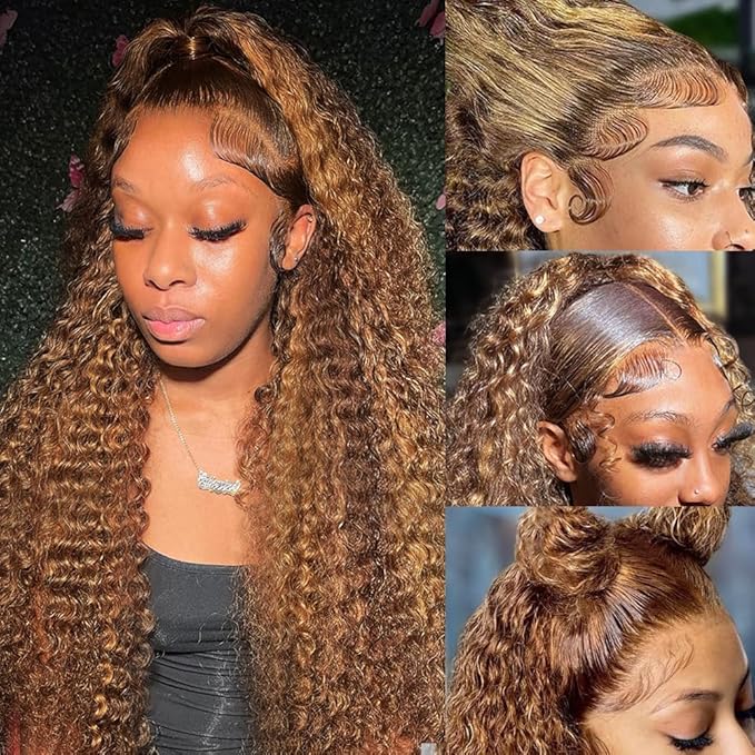 Hidden Strap 360 Deep Wave Lace Front Wigs Human Hair 220% Density Honey Blonde Deep Curly Human Hair wig Ombre Deep Wave 4/27 Highlight Lace Front Wigs Wet And Wavy Water Wave Wig for Women 22 Inch