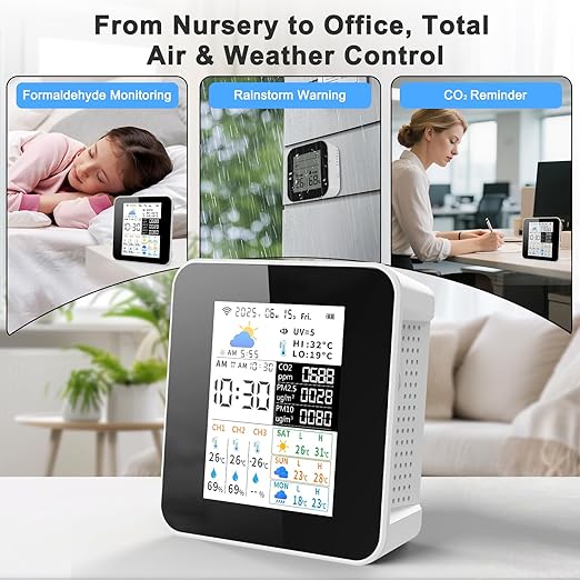 Air Quality Monitor Indoor 17-Parameter with APP Control Real-Time Display for CO2 PM2.5 PM10 Temperature Humidity 4 Sensors Alerts and Protection for Baby Rooms