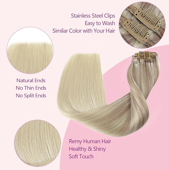 PINKPEARL Clip in Hair Extensions Straight Human Hair #18/22/60 Balayage Ash Blonde to Golden Blonde and Platinum Blonde 7pcs 120g 16 Inch Real Hair Clip in Extensions(#18/22/60-16)