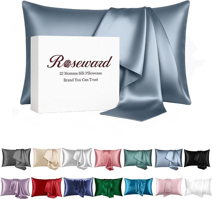 Premium Natural Mulberry Silk Pillowcase for Hair and Skin Made in USA, 22 Momme 6A Silk Pillow Cases Standard Size with Zipper, Ideal for Women's Beauty Sleep, 1 Pc 20"x26" (Standard, Blue Grey)