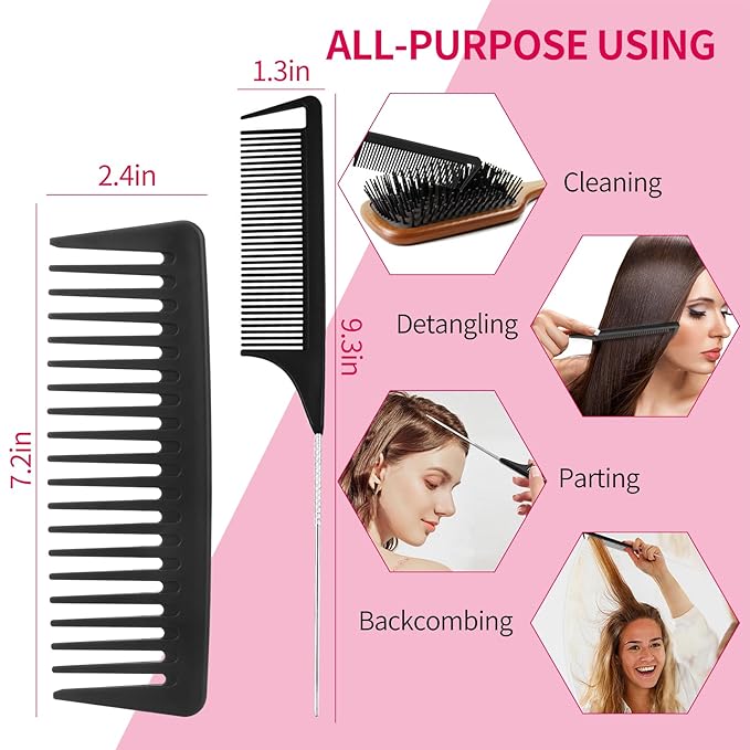 hair Brush Set for Afro America/African Hair, Textured 3a to 4c -Detangler Brush,9 row hair brush,Wide Tooth Comb,Rat Tail Comb (Pink)