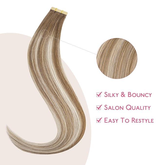 WENNALIFE Tape in Hair Extensions Human Hair Balayage Dirty Blonde with Platinum Ends Tape in Extensions, 10pcs 20g 12 inch Remy Invisible Tape Ins Straight Colored Soft Refill Set
