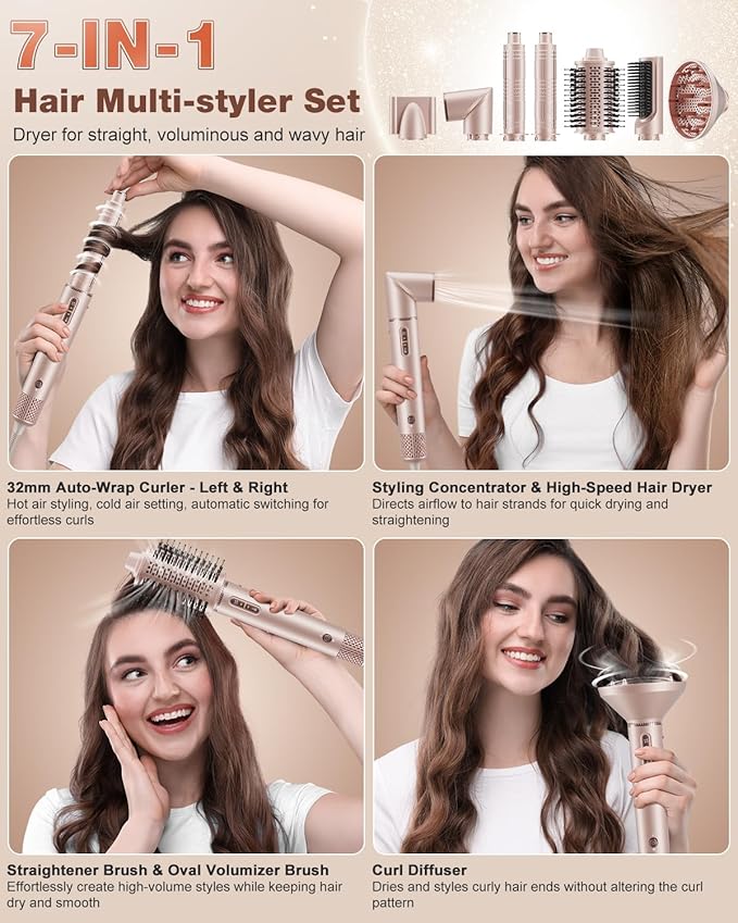 7MAGIC 7 in 1 Hair Styler & Hair Dryer Brush, 110,000 RPM High-Speed Blow Dryer with Negative Ions for Frizz-Free Styling Fast Drying Curling Volumizing Straightening, Hot Air Styler with Travel Case