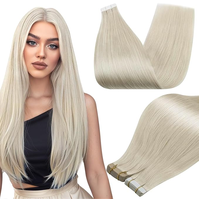 Full Shine Tape in Hair Extensions Straight Remy Tape ins Human Hair Extensions White Blonde Natural Seamless Extension 12Inch 30G 20Pcs Add Volume for Natural Look