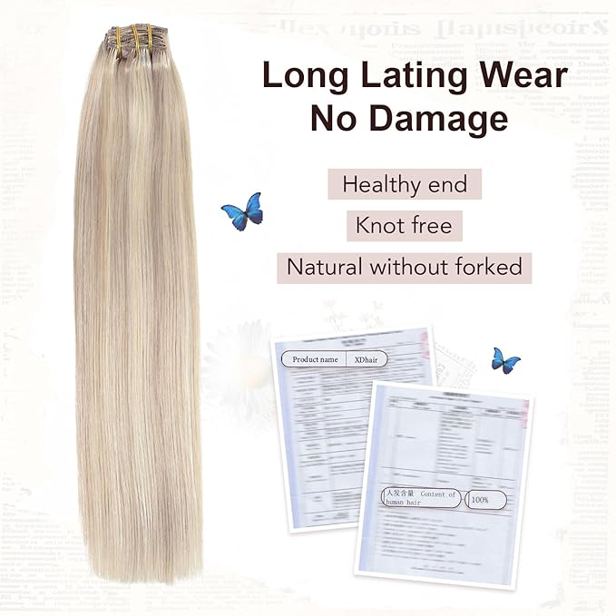 XDhair Human Hair Clip in Extensions 120g 22 Inch Ash Blonde Highlights Bleach Blonde Clip in Hair Extensions Real Human Hair Silky Straight 6pcs #18P613