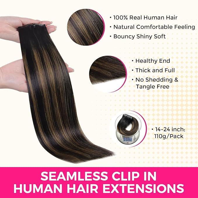 Lashey Seamless Hair Extensions Clip ins Staright 110g Natural Black Mixed Chestnut Brown 18 Inch 7pcs PU Weft Clip in Hair Extensions Real Human Hair with Invisi Edge for Black Women
