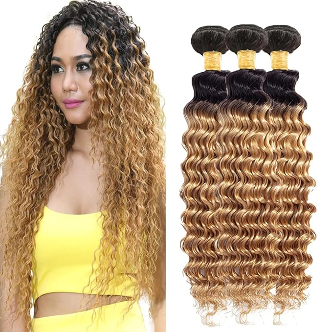 Ombre Blonde Bundles Human Hair 1b27 Deep Wave Bundles 26 28 30 Inch Brazilian Virgin Soft and Silky Remy Hair Extensions 2 Tone Black and Honey Blonde Deep Wave Bundle 150g
