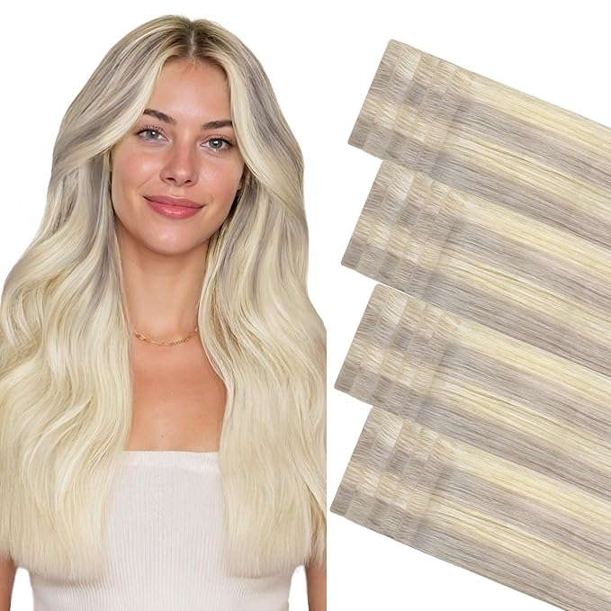 GOO GOO Invisi Edge Tape in Hair Extensions Human Hair, 17/22/60 Balayage Ash Blonde to Golden Blonde and Platinum Blonde, 20pcs 14inch 50g, Virgin Remy Hair, Seamless Injected Tape, Natural Look