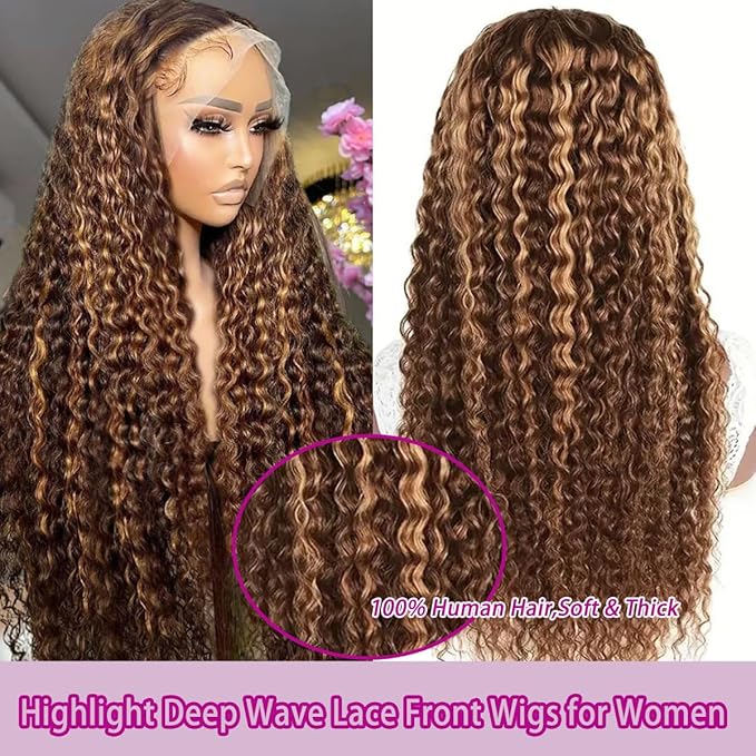 13x6 Highlight Lace Front Wig Human Hair 4/27 Ombre Deep Wave Lace Front Wigs Pre Plucked with Baby Hair 210% Density Highlight Curly Glueless Wigs 34 Inch