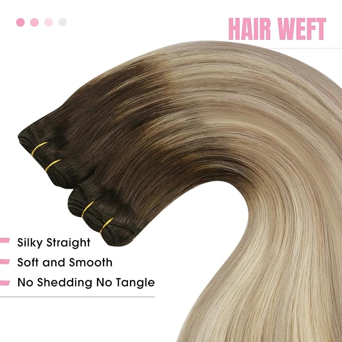 YoungSee Sew in Hair Extensions Real Human Hair Brown to Blonde Hair Extensions Weft Brown Ombre Golden Blond Mix Platinum Blonde Human Hair Weft Extensions Soft Remy Hair 18In 100G