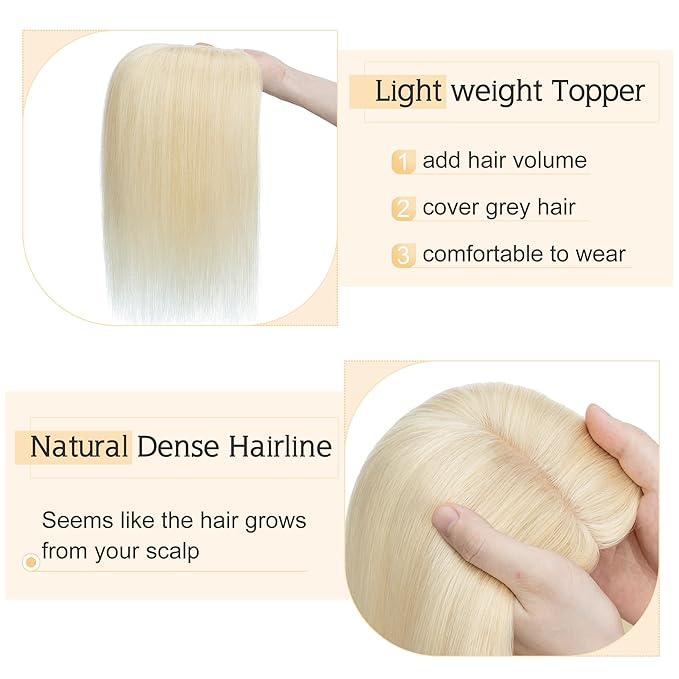 SEGO Hair Toppers for Women Real Human Hair With Bangs, 7 * 13CM Silk Base 100% Remy Human Hair Clip in Top Wiglet Hairpieces Add Volume /18 Inch Platinum Blonde