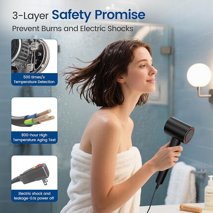 Hair Dryer with 110000 RPM High Speed 1400w Motor for 1-5min Fast Dry, 3 Heat/Cool Wind Level & 49db Low Noise,1.5 Billion Plasma & Travel Blow Dryer