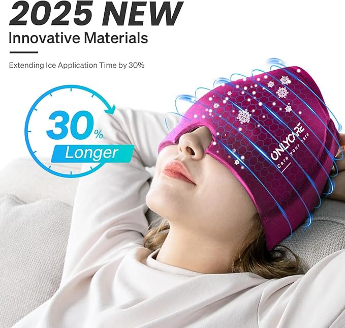 ONLYCARE Migraine Relief Cap, Upgraded Odorless Migraine Ice Head Wrap, Headache Relief Hat for Migraine, Hot Pink