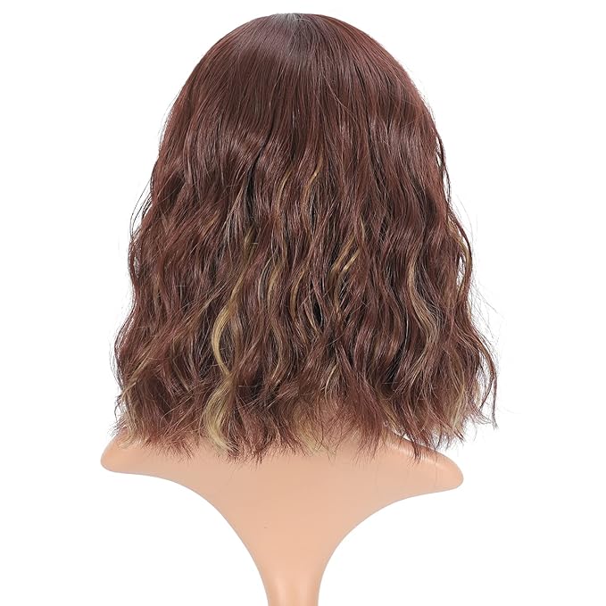 FAELBATY Short Brown Wig Highlight Gold Wigs With Bangs Women's Reddish Brown Mixed Blonde Bob Wig Curly Wavy Synthetic Cosplay Wig Shoulder Length Wig for Girl's Costume Wigs (12" 33/27)
