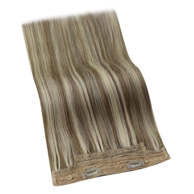 YoungSee 120G Wire Hair Extensions Highlight Human Hair Wire Extensions Light Brown Highlight Platinum Blonde Fish Line Human Hair Extensions Straight Hair 16Inch
