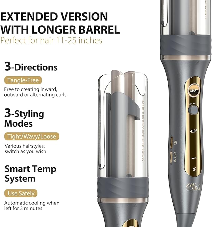Zavarea Automatic Rotating Curling Iron for Long Hair - 1 Inch Curling Wand for Beach Waves & Loose Curls, Easy Hair Curler for Beginners, Anti-Scald & Frizz-Free, Dual Voltage for Travel
