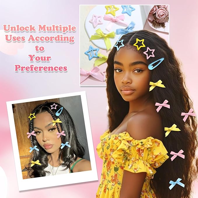 36Pcs Pink Mini Hair Bows Blue Water Drop No Slip Hair Clips Star Snap Hair Barrettes for Women Yellow Small Bows for Hair Star Bowknot Hair Accessories for Teens Girls