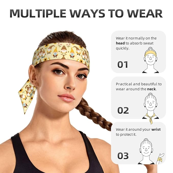 Men's Women Lovely Sports Sweatband Hair Decor for Sports Athletic Spa, Elastic Multipurpose Honey Bees Cute Gnome Sunflower Floral Head Ribbon Headwear