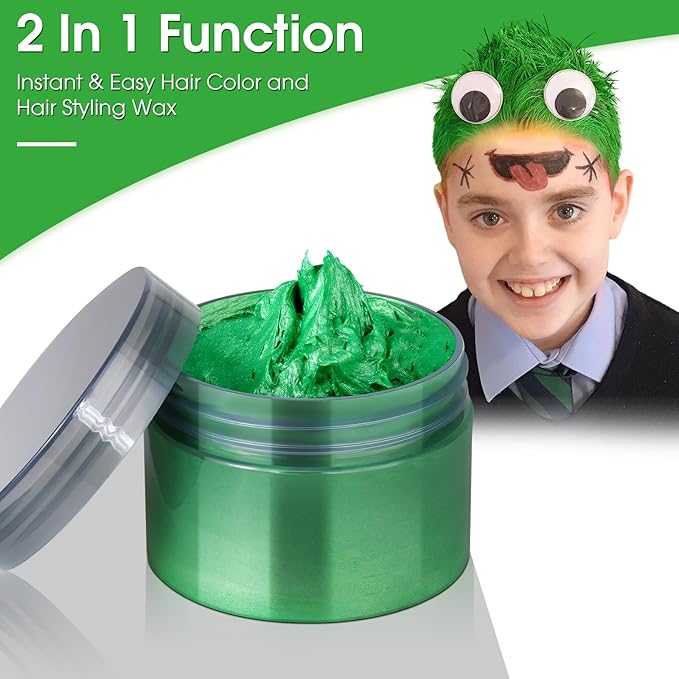 Temporary Hair Color Wax Kit, Stocking Stuffers for Teen Girls, Instant Hair Dye Color Wax Washable Natural Hair Color Cream for DIY Hairstyle on Crazy Hair Day, Children's Day, St. Patrick's (Green)