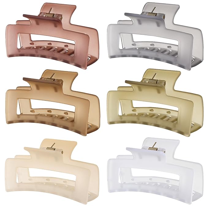 3.5 Inch Medium Hair Accessories - 6 Pack Square and Rectangle Banana Jaw Clips for Women and Girls - Tea