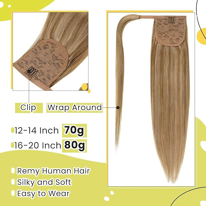 RUNATURE Human Hair Ponytail Extension Blonde Ponytail Hair Extension Dark Blonde Highlight Caramel Blond Short Ponytail Human Hair Extensions Straight Pony Tails Hair Extension 12 Inch 70g
