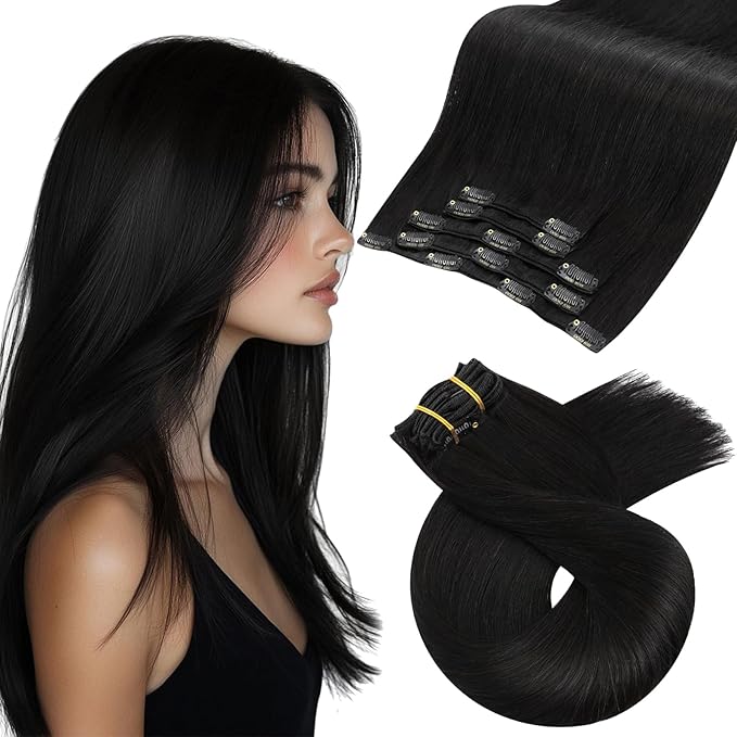 Moresoo Natural Black Clip in Hair Extensions Straight Natural Black Human Hair Clip in Extensions Remy Human Hair Long for Women Double Weft 80g/5pcs 16 inch
