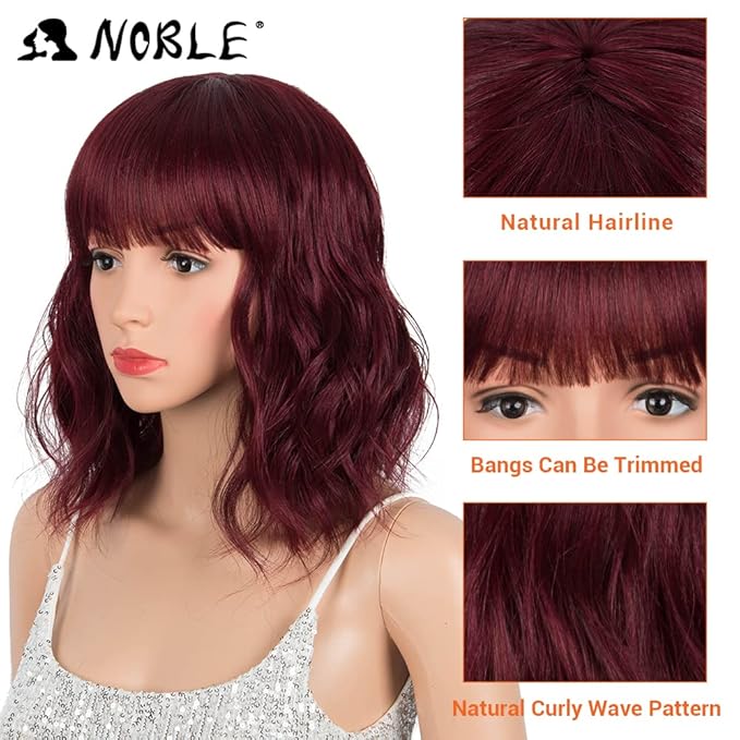 NOBLE Synthetic Ombre Burgundy Wig Short Wavy Wigs With Air Bangs Shoulder Length Wig For Women Curly Wavy Heat Resistant Synthetic Colorful BOB Wigs