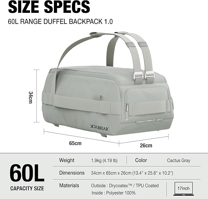 Blackbriar Range Duffel 60L Cactus Grey, Convertible Backpack with Patented Magnetic Access, Modular S-Partition, Dual Shoe Garage | Waterproof Drycoatex™ for Tactical, Travel, Gym