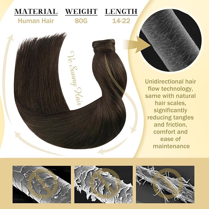 Ve Sunny Brown Clip in Hair Extensions Ponytail Wrap Around Silky Straight 16inch Remy Human Hair Ponytail Extensions Solid Dark Brown Hair Extensions Pony Tail 80g