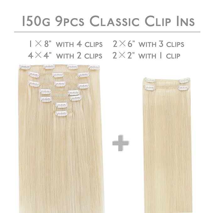 Wennalife Clip in Human Hair Extensions, 22 Inch 150g 9pcs Real Human Hair, Platinum Blonde Remy Hair Clip Ins Double Weft