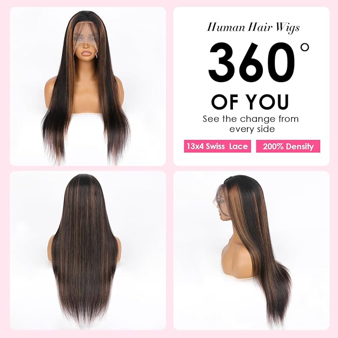 Highlight Wig Human Hair Straight Lace Front Wigs Human Hair Pre Plucked 13x4 Ombre Lace Front Wig Human Hair for Women 1B/30 Black with Brown Balayage Glueless Wigs Human Hair 200% Density 22 Inch