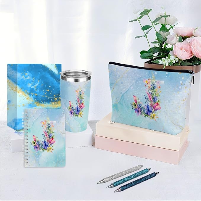 Personalized Gifts Monogrammed Birthday Gifts for Women, Maid of Honor Bachelorette Wedding Christmas Initial 20 oz Tumbler, Makeup Bag Cup Pens Journal Notebook 6 Set, (Aesthetic Blue Flower J)