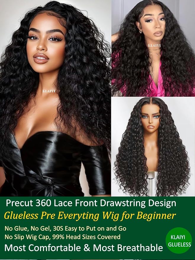 KLAIYI Water Wave Pre Cut 360 Full Lace Frontal Glueless Wig Human Hair Drawstring Pre Plucked Bleached Bye Bye Knots Pre Everything Ready to Wear And Go Curly Beginner Wig with Baby Hair 180% 24Inch