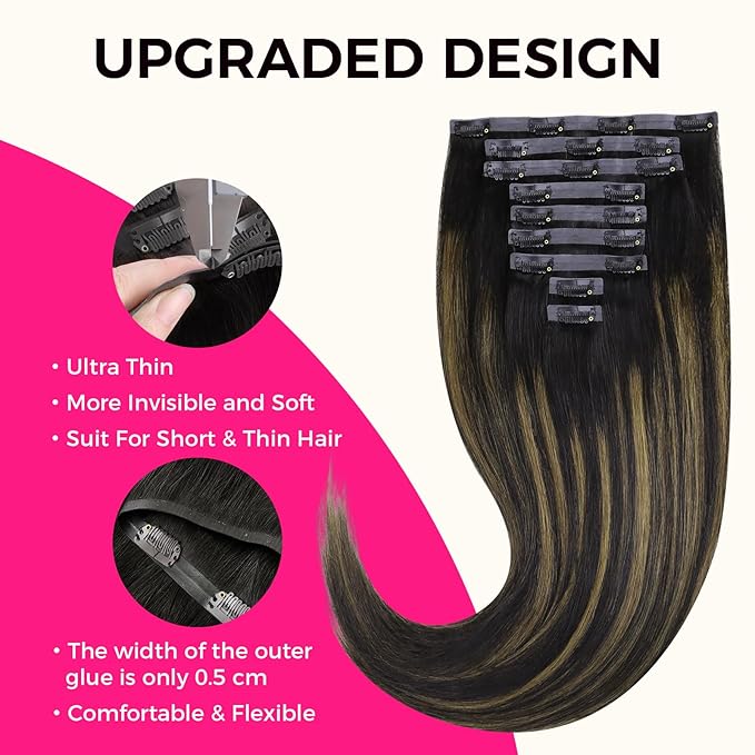 Lashey Seamless Clip in Hair Extensions Human Hair 150g 9pcs Straight Natural Black Mixed Chestnut Brown 20 Inch Clip ins with Soft PU Weft Invisi Edge Hair