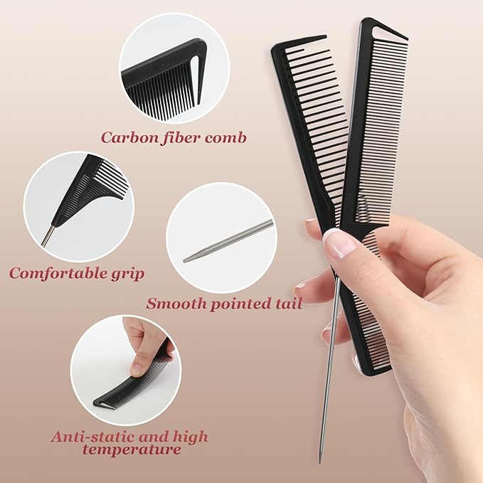 2Pcs Hair Combs for Women and Men，Combs for Hair Stylist, Professional Black Carbon Fiber Teasing Comb，Fine and Wide Tooth Barber Comb for All Hair Types（Style 1）