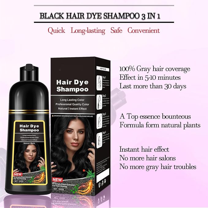 Black Hair Dye Shampoo Instant 3 in 1 for Gray Hair Coverage - Herbal Formula, Semi-Permanent Hair Color in 10 Minutes, Lasts 30 Days, 100% Grey Coverage Shampoo for Men & Women, 500ml (16.9 Fl Oz)